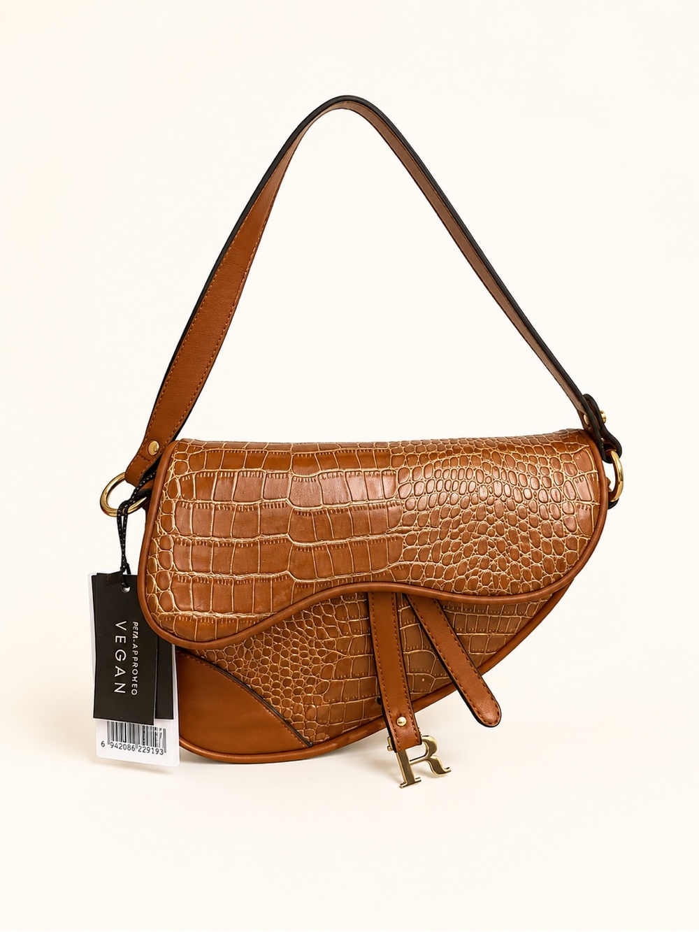 Cognac Croc-Embossed Vegan Saddle Shoulder Bag